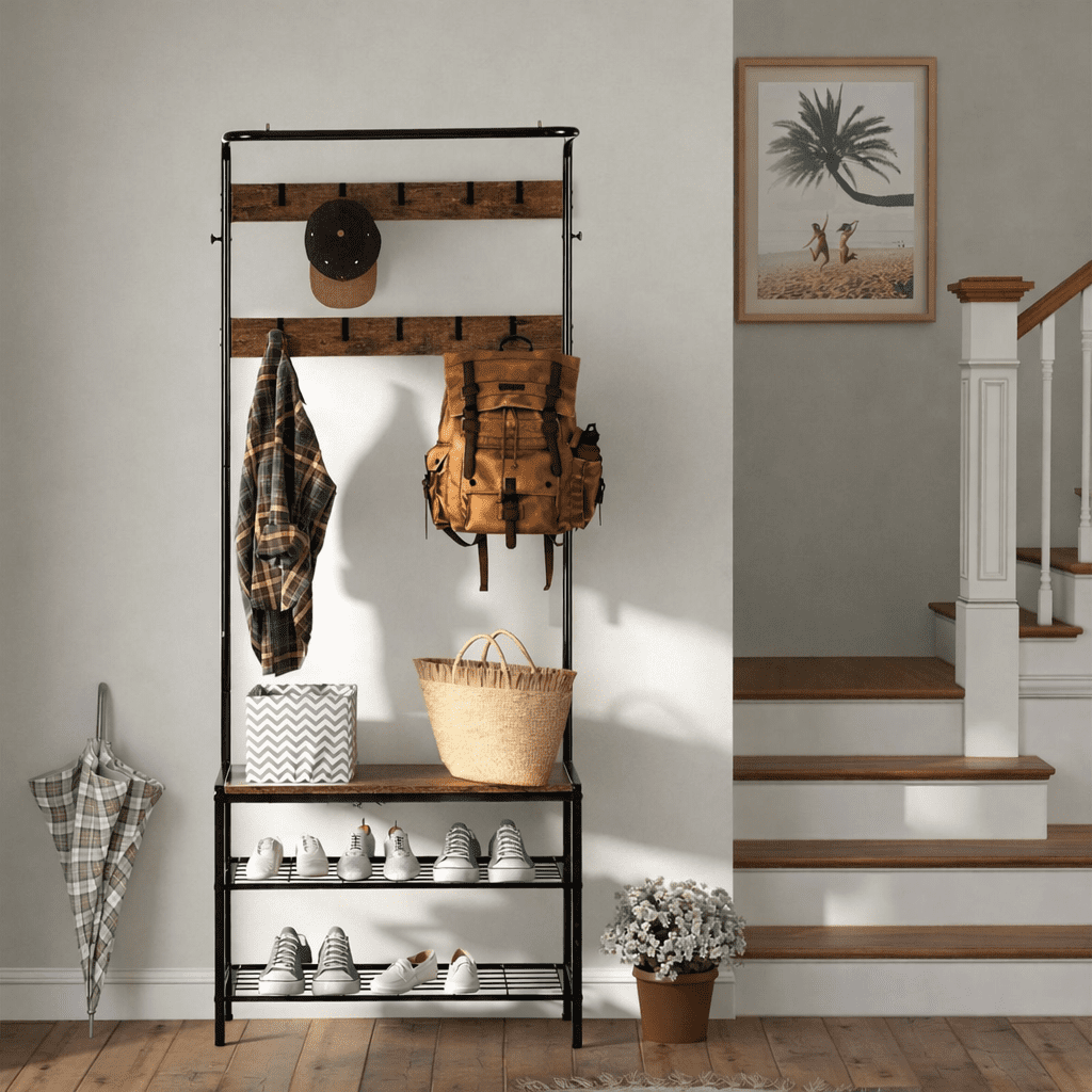 ZIVACATE Coat Rack, Hall Tree with Shoe Storage Bench, Entryway Bench with Shoe Storage, 4-in-1, Steel Frame, for Entryway, 28.35 x 13.27 x 72.05 in,Brown