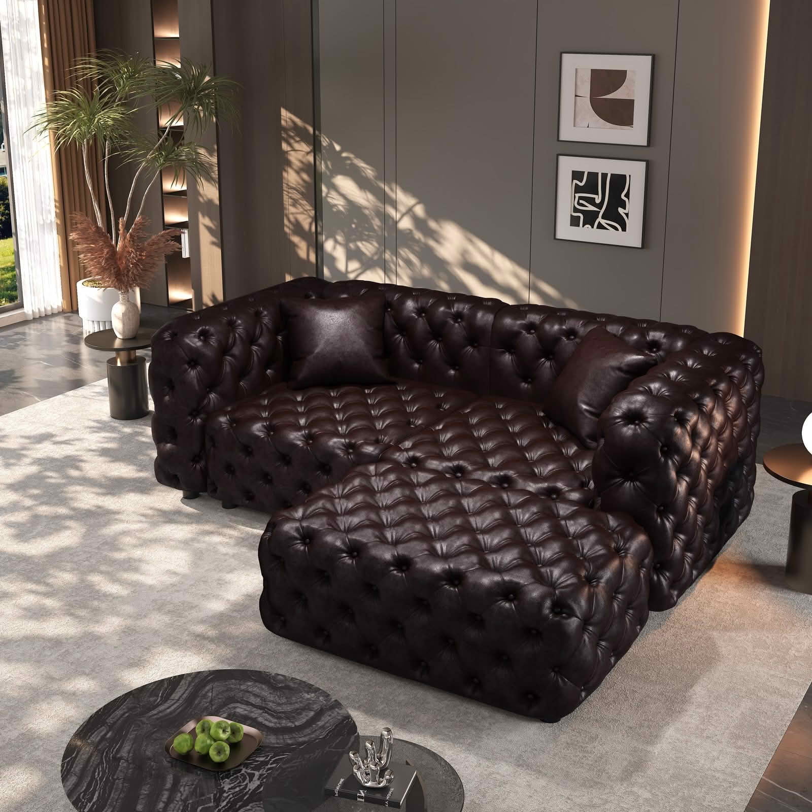 MAYEERTY 77 Inch Faux‑Leather 2‑Seat Modular Sofa Set, Handcrafted Button Tufted Couch with Ottoman & 2 Pillows for Living Room & Small Apartment