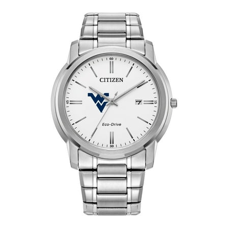 Men's Citizen Watch Silver West Virginia Mountaineers Eco-Drive White Dial Stainless Steel Watch