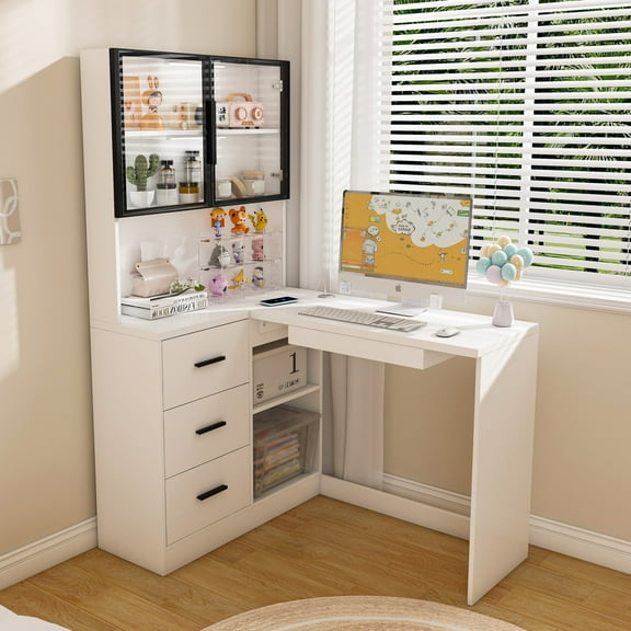 L Shaped Corner Desk with LED Lighting and Charging Ports, Home Office Desk with Keyboard Tray, Glass Cabinets and 3 Drawers, White