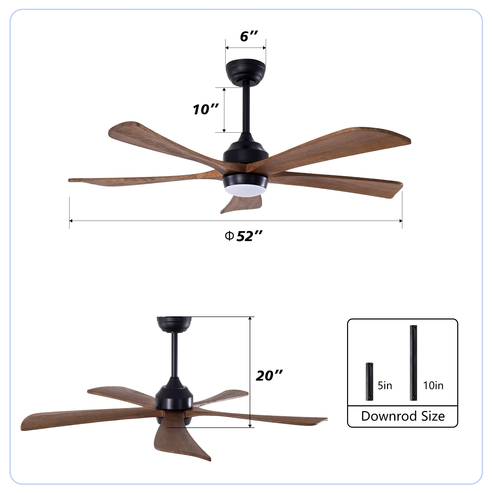Leumius 52" Solid Wood Blades Ceiling Fan with Light and Remote Control,Quiet DC Motor 5 Blade Ceiling Fans 6 Speed Levels,Reversible for Patio Living Room Bedroom Office Black