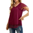 thumbnail image 3 of JWD women's short sleeved double-layer mesh pleated shirt summer fashion casual top Wine Red-M, 3 of 6