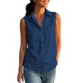 thumbnail image 4 of VBVC Women's Cotton Linen Button Down Shirt , Collared V Neck Sleeveless Blouse For Women , Ladies' Summer Casual Work Tank Tops with Pockets,Navy,S-2XL, 4 of 9