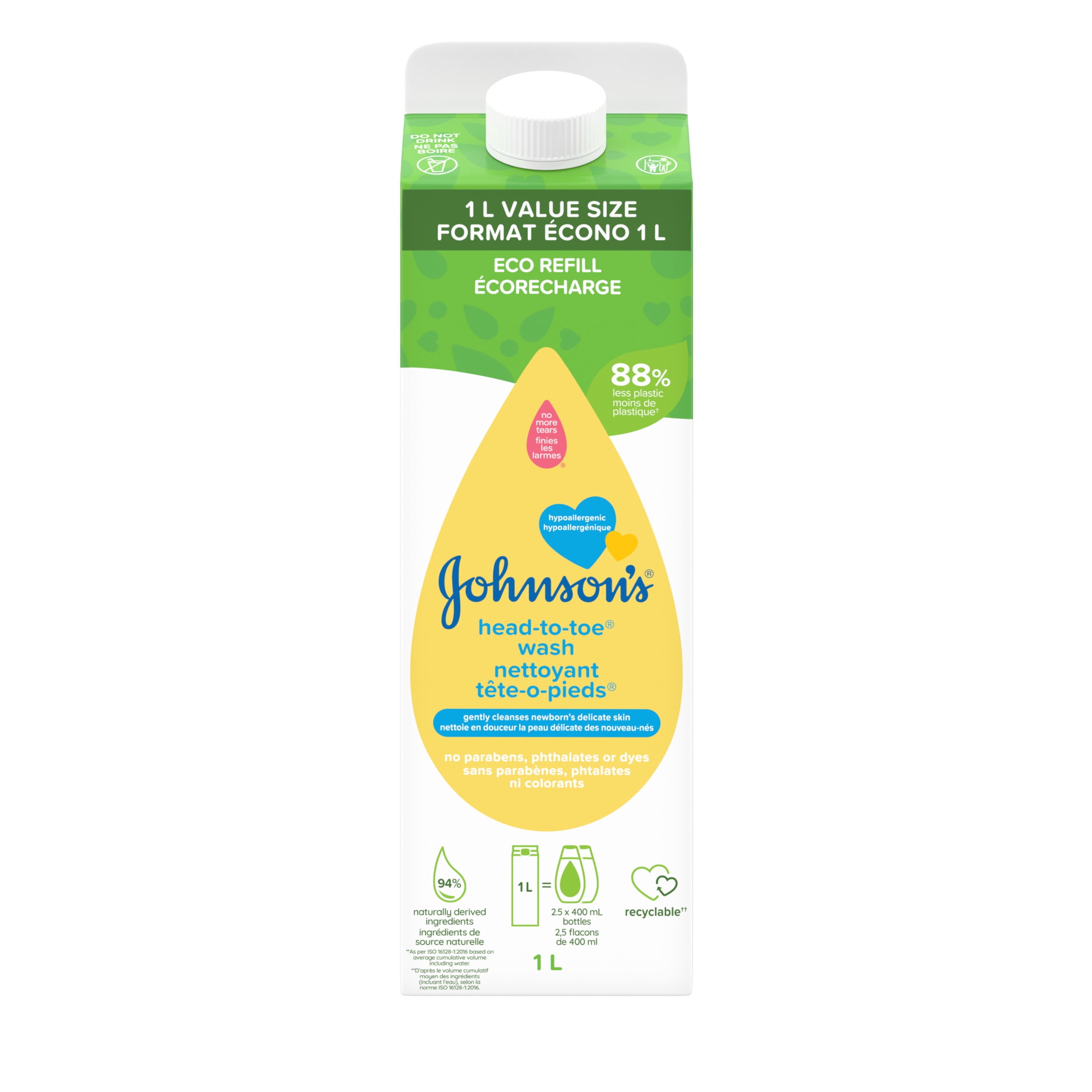 Johnson’s Head to Toe Wash Carton Refill, Gently Cleanses Baby's Delicate Skin, Hypoallergenic Cleanser, Paraben Free