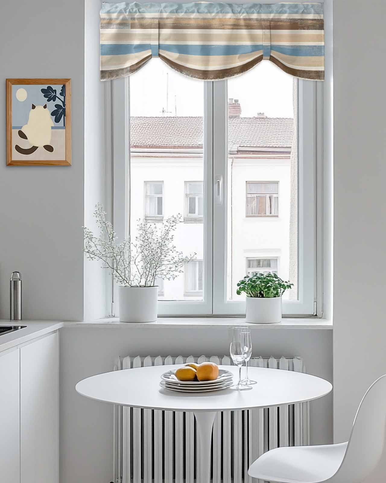 Abstract Gradient Stripe Tie Up Valances Curtain, Brown Blue Watercolor Kitchen Valances for Windows Decor, Rod Pocket Short Curtains Set for Bedroom/Bathroom, 60"x18"