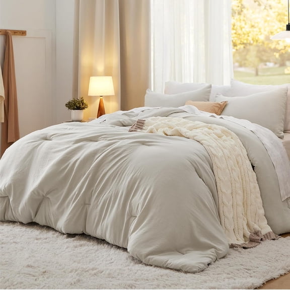 Oversized King Comforter Set Beige 3-Piece Soft Prewashed Bedding 120"x98" Comforter and 2 Pillowcases