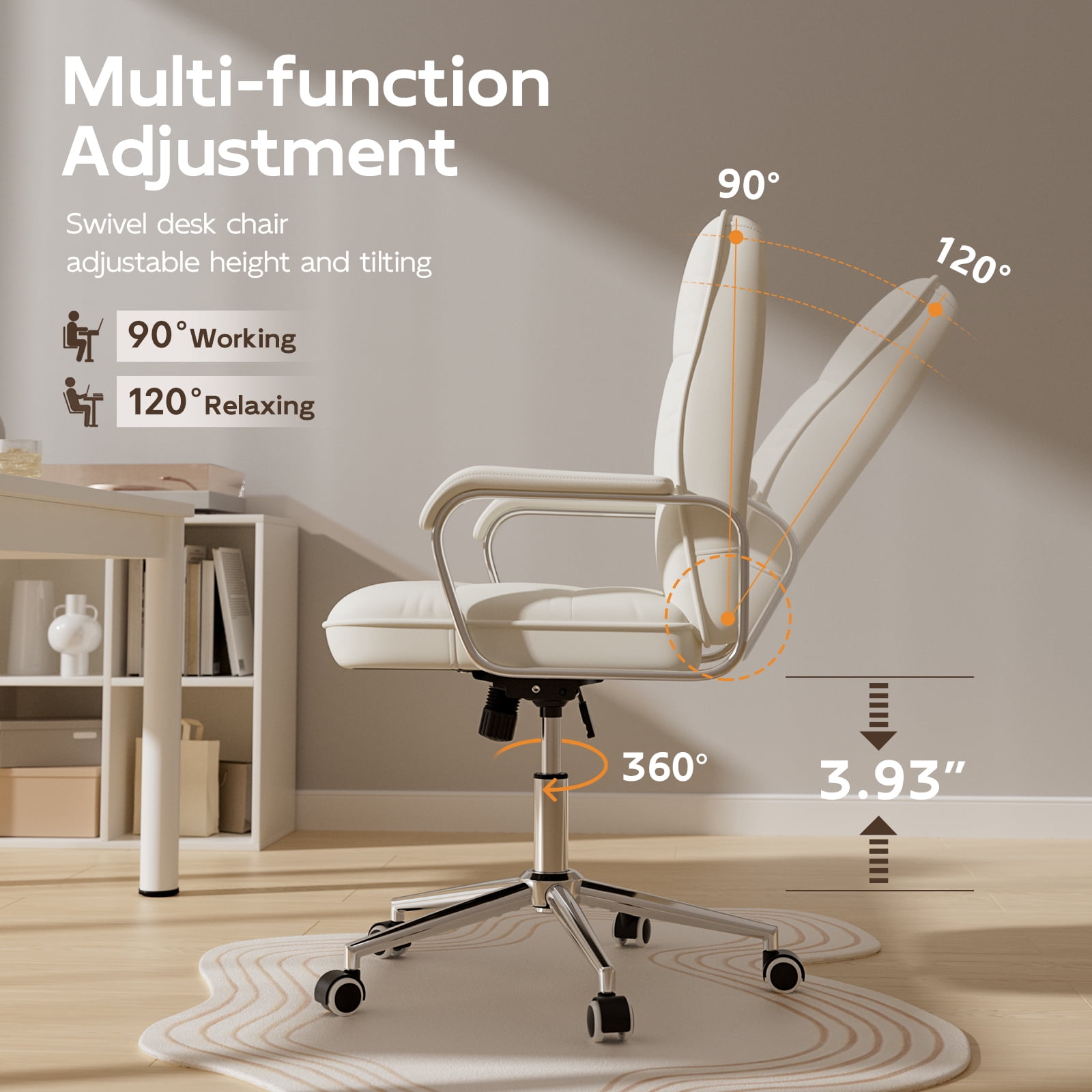 Ninecer Ergonomic Office Chair with Wheels, 360° Swivel Desk Chair with Rocking Function, PU Leather Computer Chair for Home Office, Study,, Beige