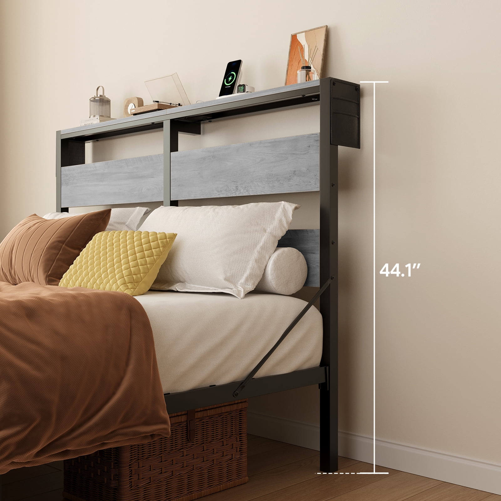 Bestier Queen Size Platform Bed Frame with Storage Headboard, LED Lights & USB Charging Station, Metal Bed Frame Grey