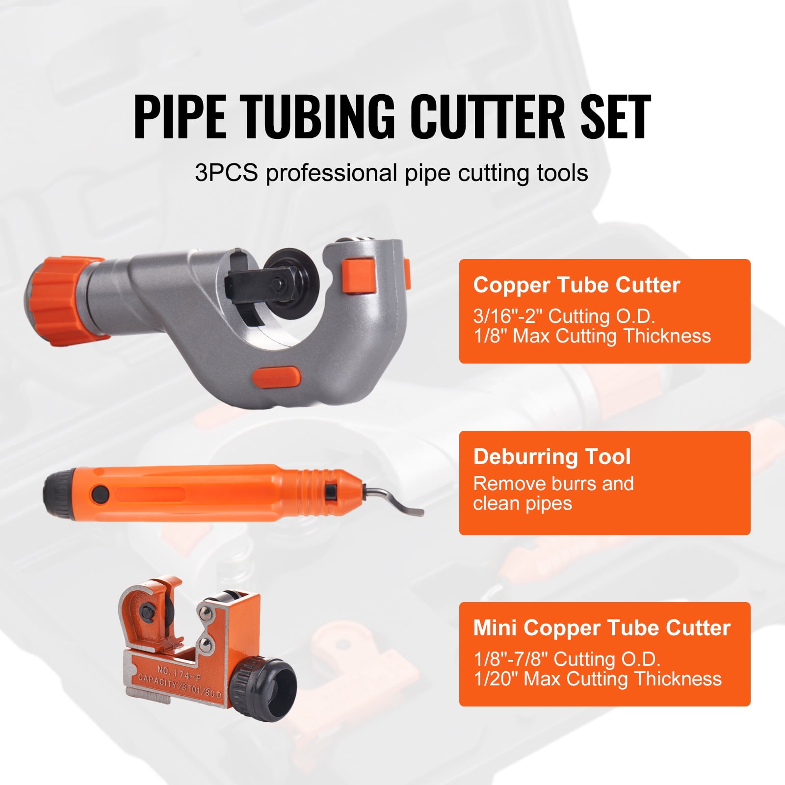 VEVOR 3PCS Tubing Cutter Set, 3/16"-2" O.D. Copper Pipe Cutter, 1/8"-7/8" O.D. Mini Tube Cutter and Deburring Tool, Heavy Duty Pipe Cutter Set