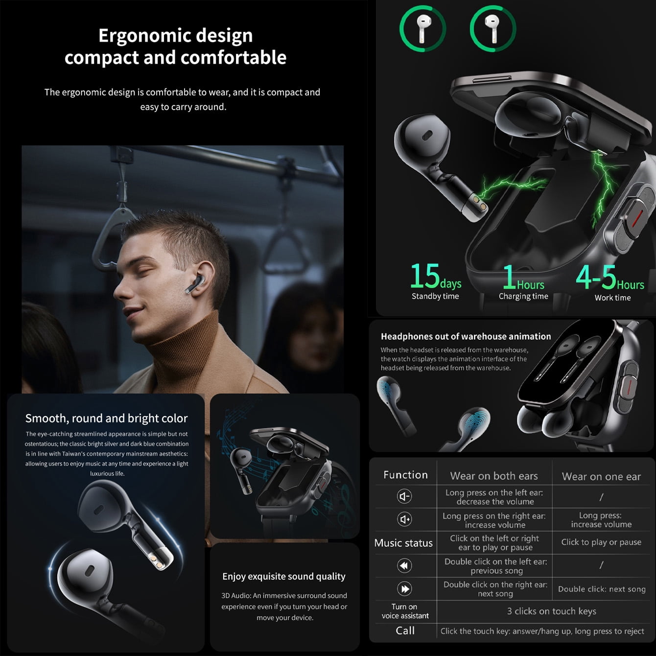 Effeokki 2-in-1 Smart Watch with Wireless Earbuds, Bluetooth Earphones, Compatible with iOS and Android
