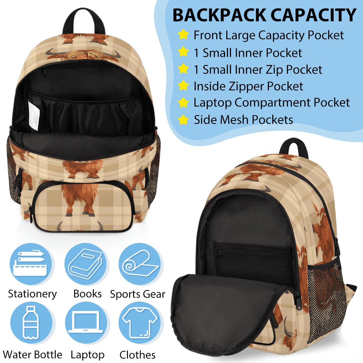 Herdesigns Cow Highland Large Backpack Set with Lunch Box Lightweight Water Resistant Travel Laptop Backpacks Casual Daypacks for Women Men