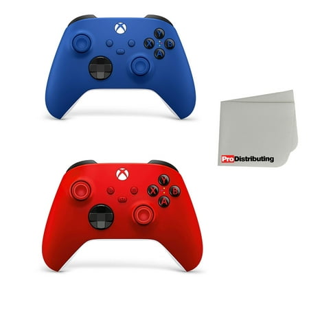 Microsoft Controller 2-Pack Bundle for Xbox Series X, Xbox Series S, and Xbox One - Shock Blue - Pulse Red - with Microfiber Cleaning Cloth