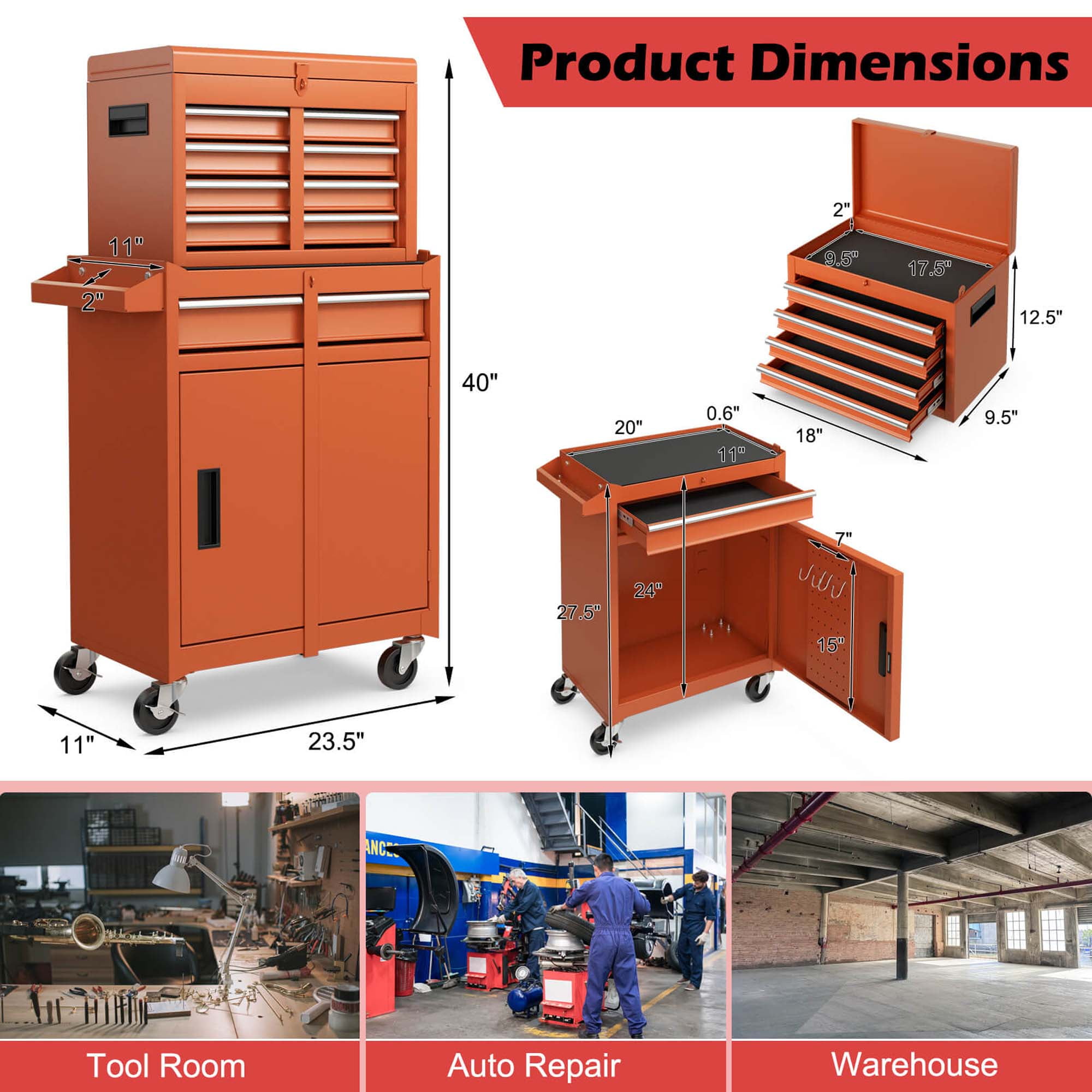 Costway 2 in 1 Tool Chest & Cabinet with Sliding Drawers Rolling Garage Organizer Orange