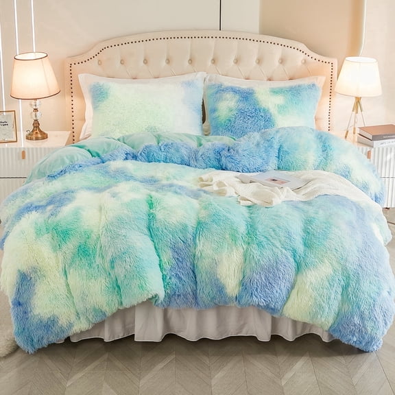 EMME Luxury Blue Fuzzy Duvet Cover Set Twin Size Fluffy Comforter Cover Set 2 Pieces Shaggy and Plush Soft Bedding Duvet Covers (Tie Dye Blue, Twin)