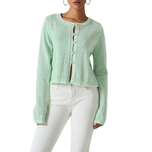 Gupgi Women's Knit Cardigan Autumn Slim Sweater Long Sleeve O Neck Button Up Solid Color Cutout Knitwear