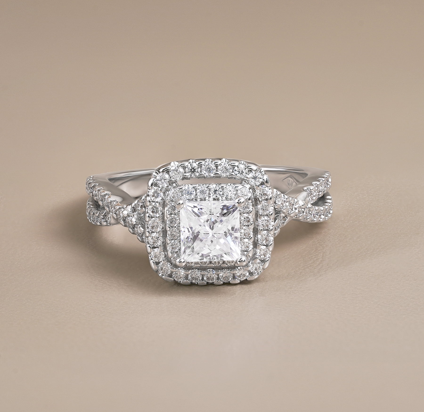 JeenMata 1 Carat Princess Cut Moissanite Engagement Ring - Bridal Set - Double Halo Ring - Cluster Ring - 18k White Gold Plated for Women