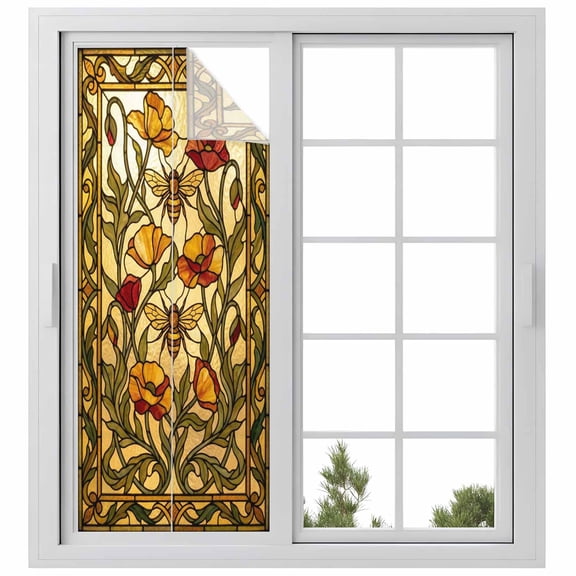 Window Privacy Film Vintage Bees Stained Glass Window Film Decorative Sun Block Window Cover Country Retro Animal Flowers Yellow Brown Window Clings Static Adhesive Sticker for Bathroom 23.6"x59"