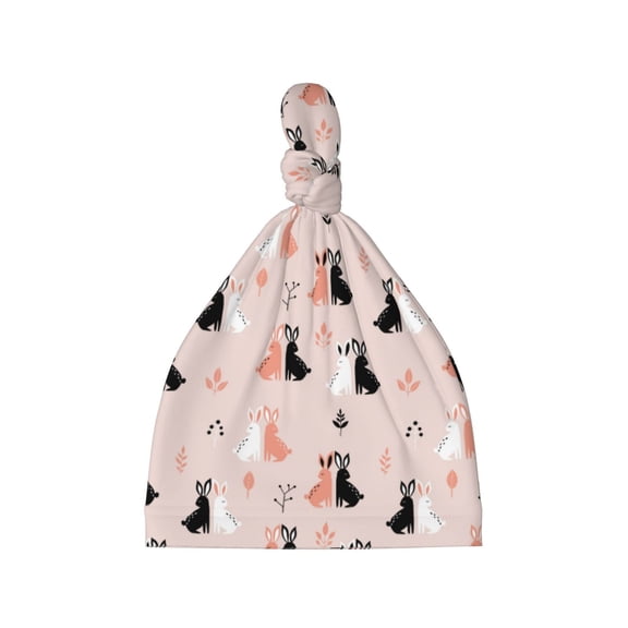 Balery White And Black Rabbit Pattern Baby Beanie, Knotted Baby Hat, Infant Hat, Newborn Beanie, Adjustable Beanie, Baby Cap, Newborn Headwear
