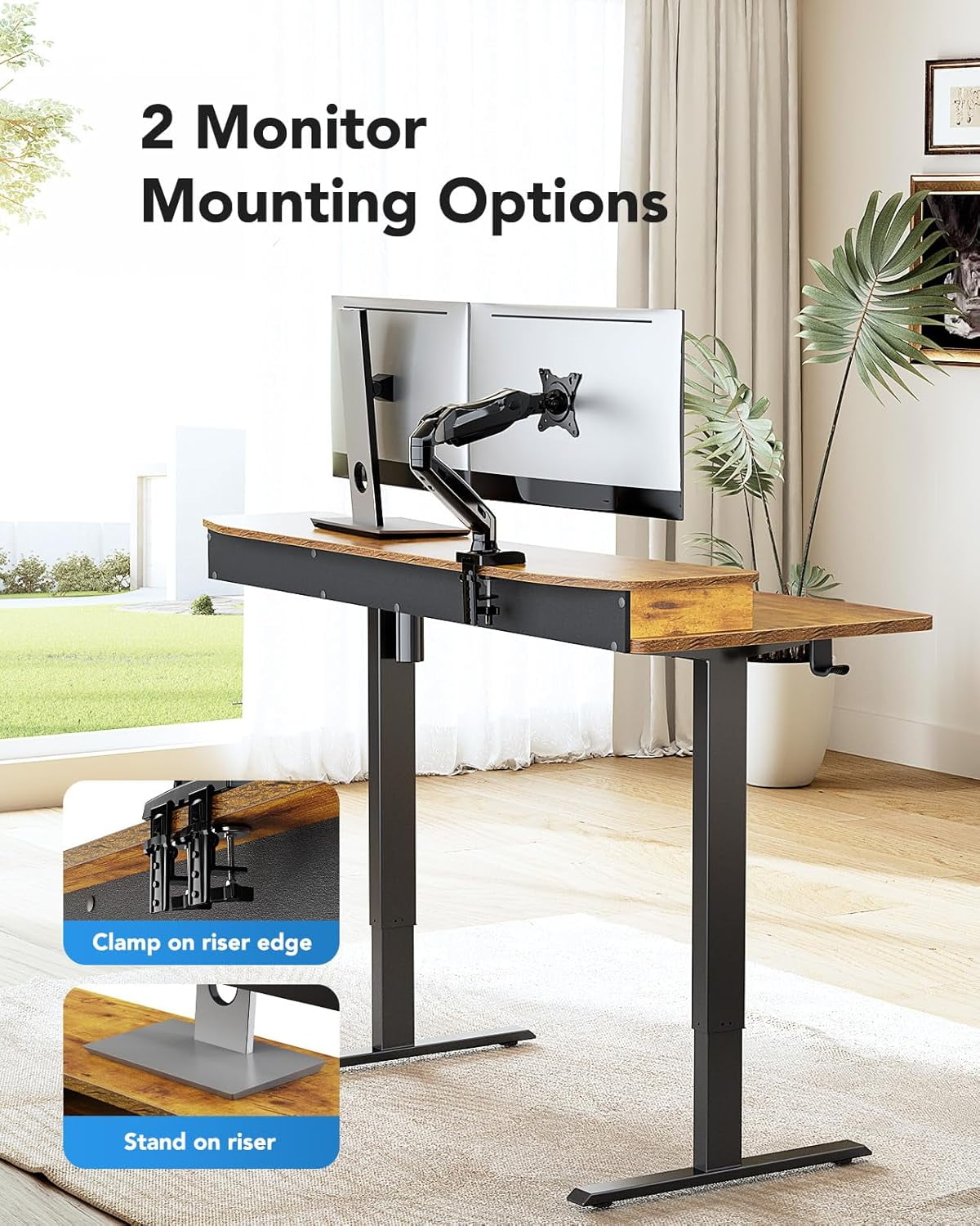 Kyspho 48″ x 24″ Electric Standing Desk with 2 Drawers, C-Clamp Mount Compatible, Height Adjustable Computer Desk, Home Office Stand Up Desk with 4 Preset Heights & 2 Hooks, Vintage Brown