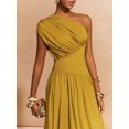thumbnail image 3 of Mustard Yellow One-Shoulder Pleated Waist A-Line Long Dress For Women, 3 of 6