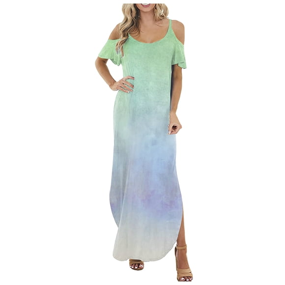 Cold Shoulder Dress for women Cold Shoulder Short Sleeve U-Neck Printed Straight Floor-Length Dress