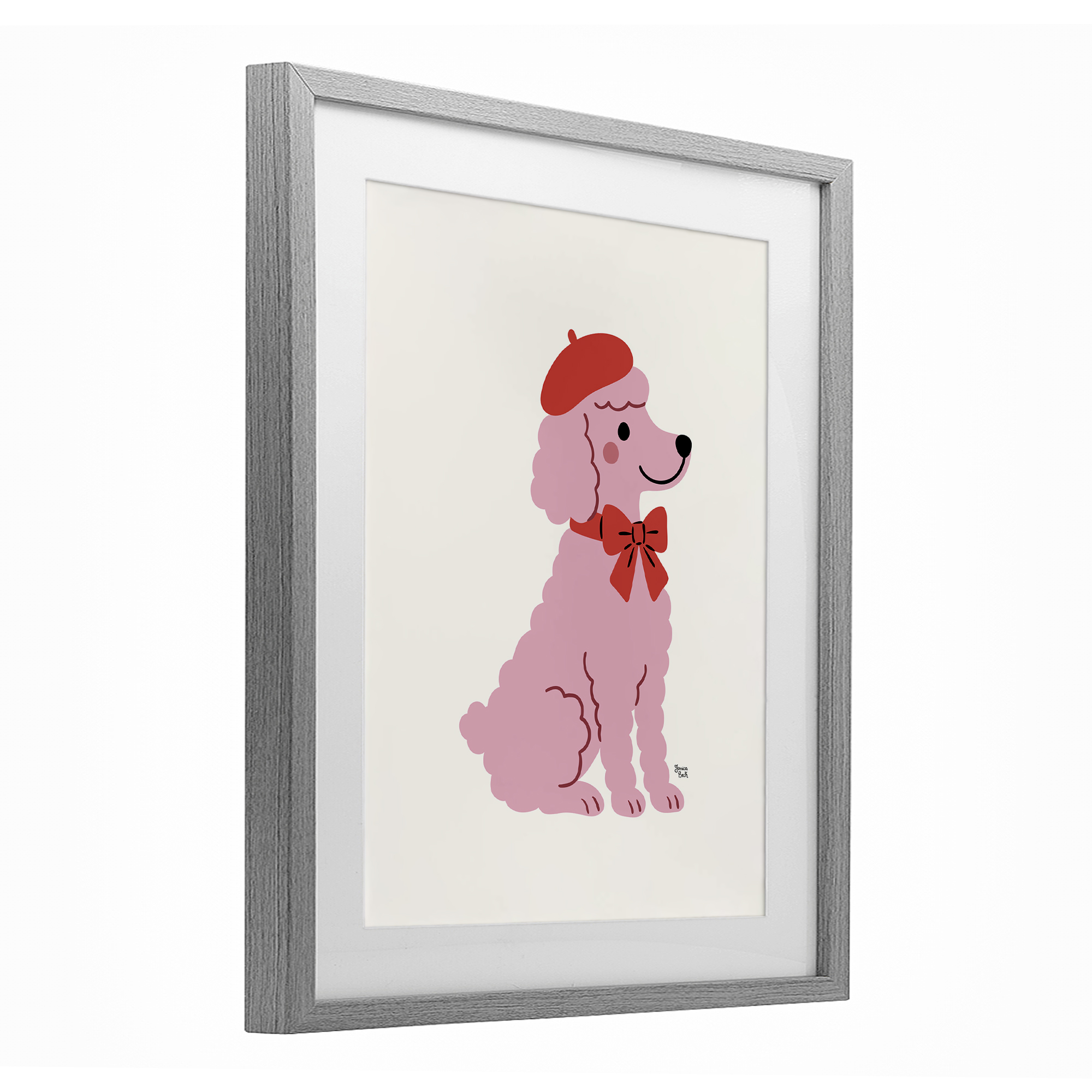 French Poodle in Beret Gray Framed Print Under Glass, design by Jessica Beck