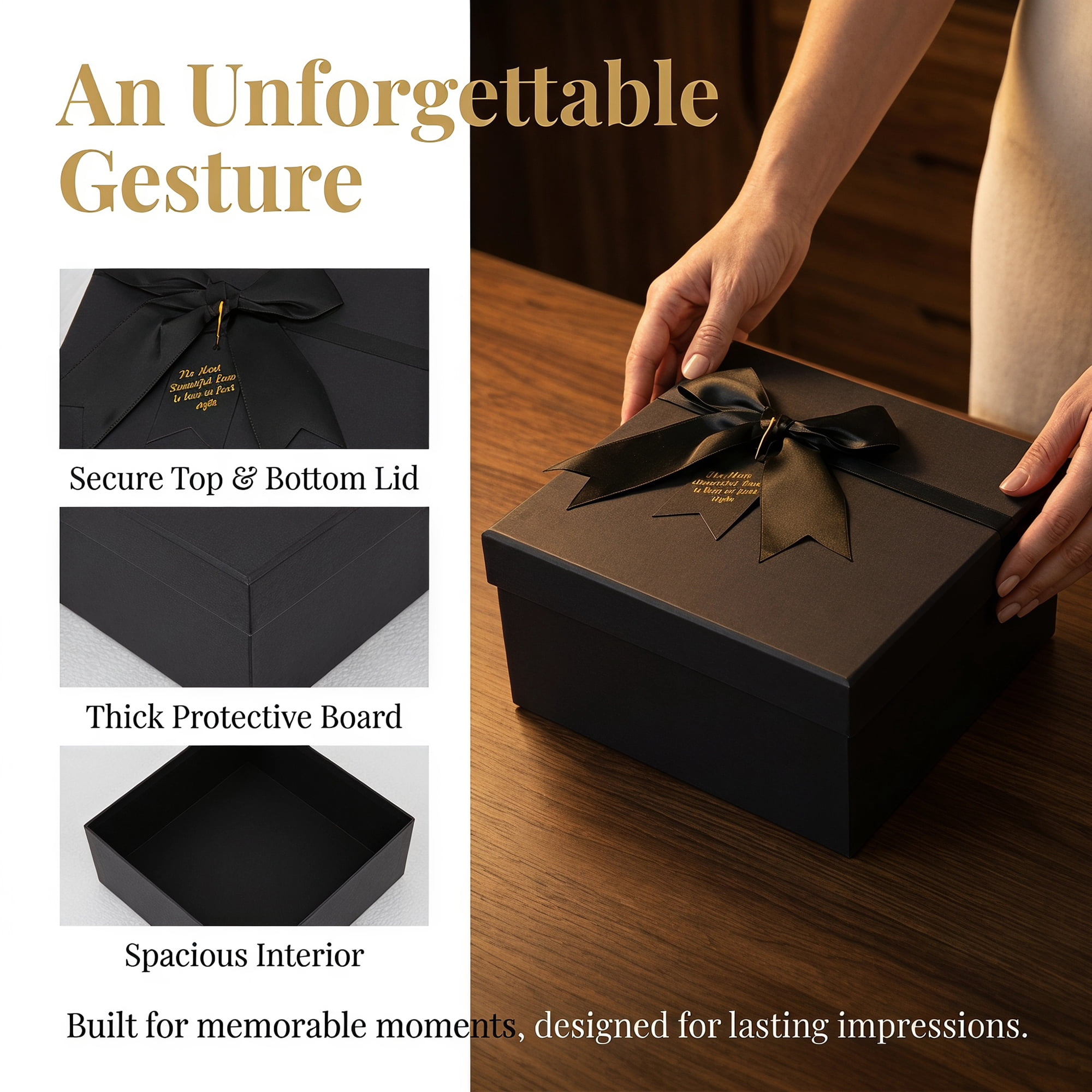 Unique Bargains Elegant Rigid Present Box with Lids Black 7.9"x7.1"x3.1"