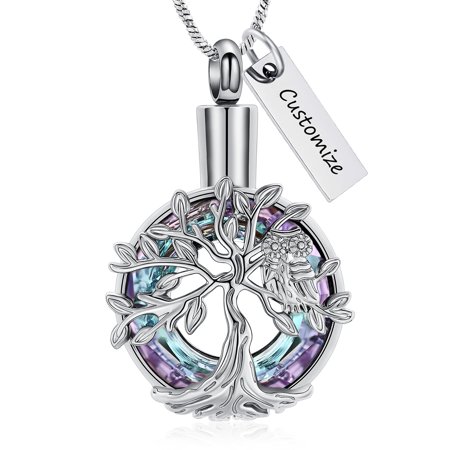 Tree of Life Urn Necklace for Ashes with Owl Simulated Birthstone Cremation Jewelry for Ashes Birthday / Mothers Day Memorial Keepsake Gifts for Women