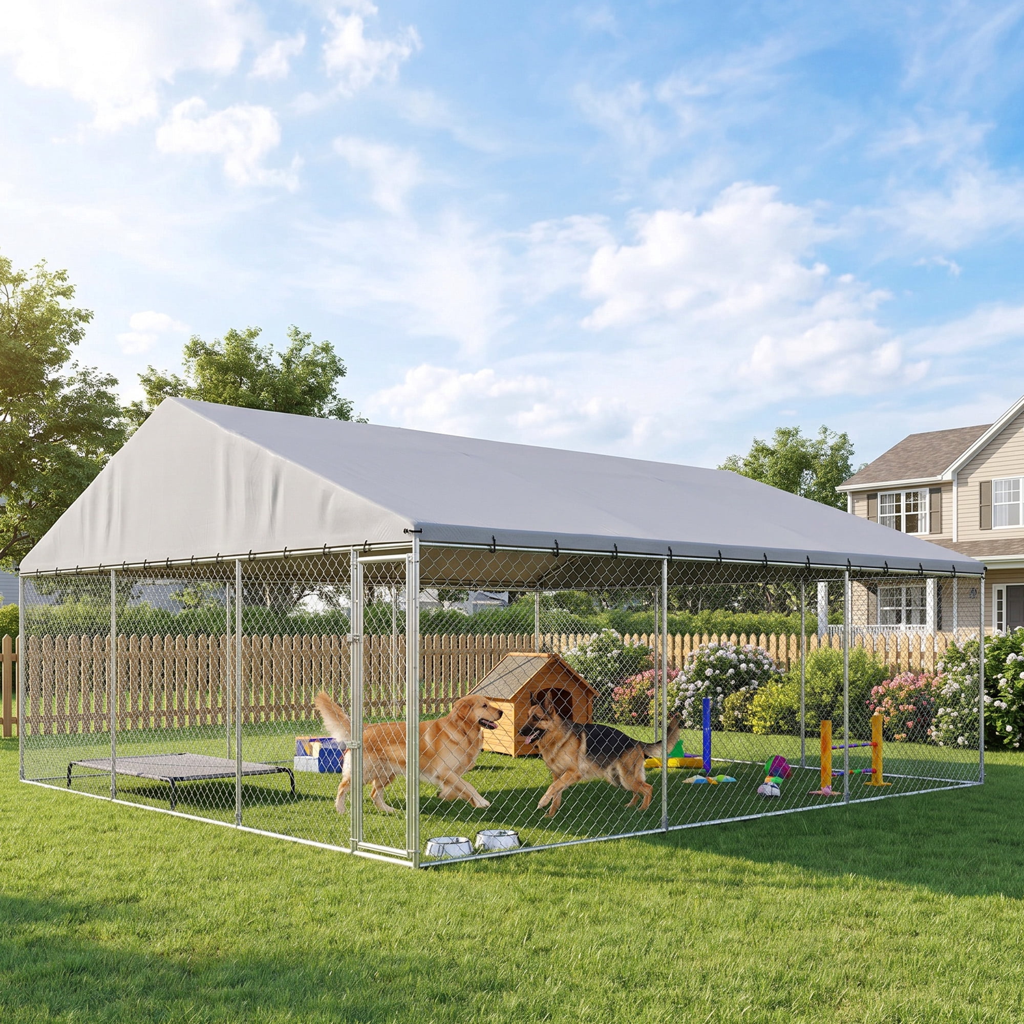 PawHut Outdoor Dog Kennel, Heavy Duty Large Dog Kennel Outside with Waterproof Roof, 2 Secure Latches, Dog Run for Backyard, 20' x 15' x 8'