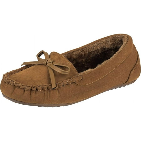 Kids Girls Bow Decor House Slippers Faux Fur Indoor Outdoor Moccasin Comfortable Slip-On Loafers Flat Shoes