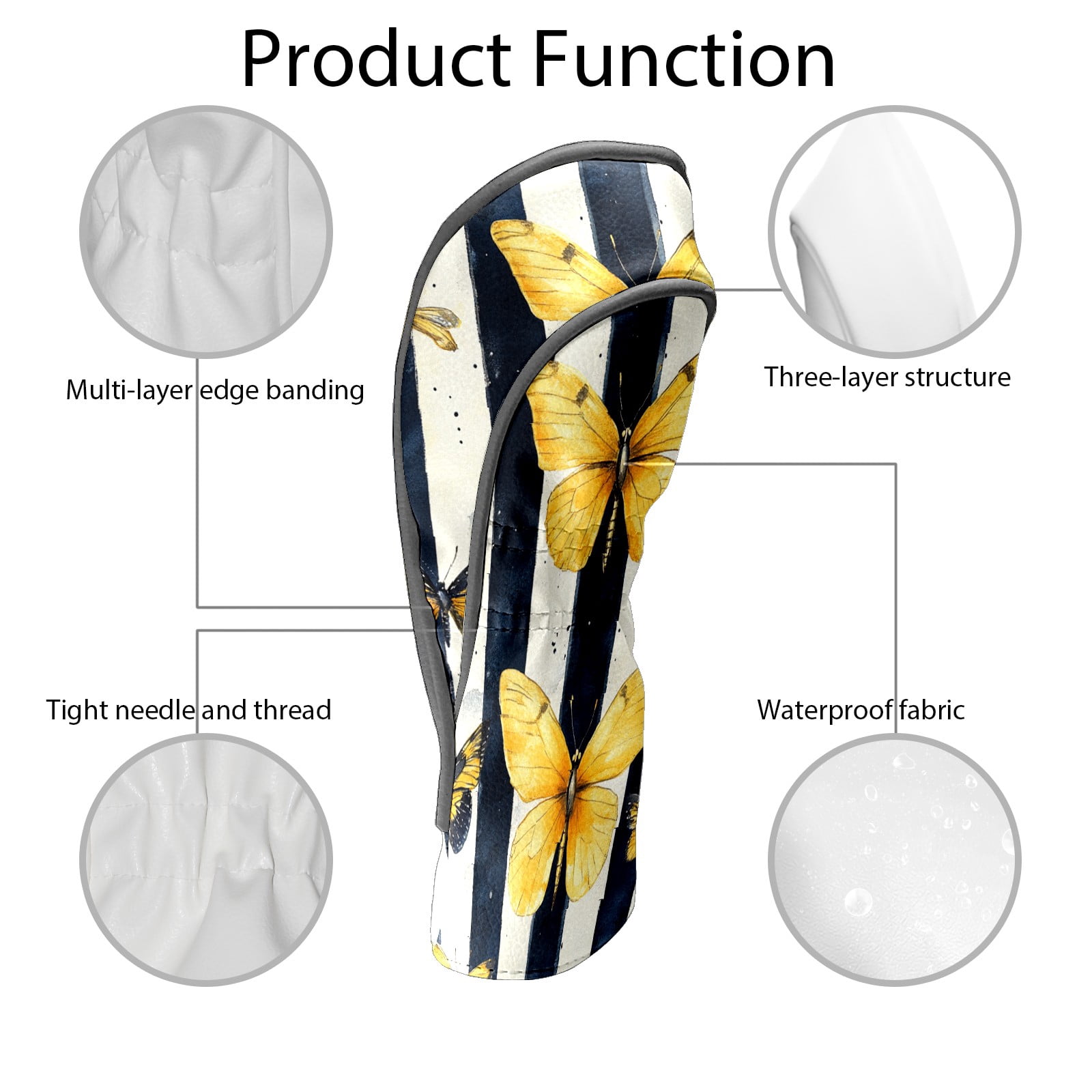 Golf Club Covers PU Leather Waterproof Head Covers for Fairway Woods Hybrids Yellow Butterfly Unisex Fits Most Brands