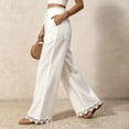 thumbnail image 4 of Nestiefly Women Linen Pants Lace Trim Wide Leg Casual Palazzo Pants Flowy Beach Summer Trousers Pants with Pockets 2026 White L, 4 of 7