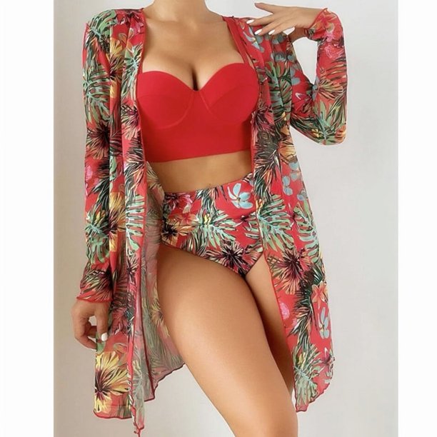 Conjunto de bikini de tres piezas de malla sexy europeo y americano con push-up y estampado dividido para mujer