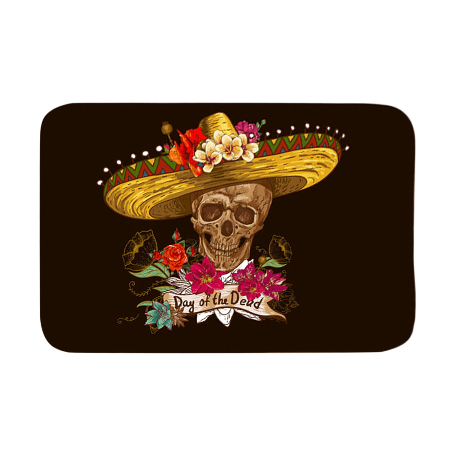 Sugar Skull in Sombrero with Flowers Bath Rug Bathroom Non-Slip Door Mat 16x24" 