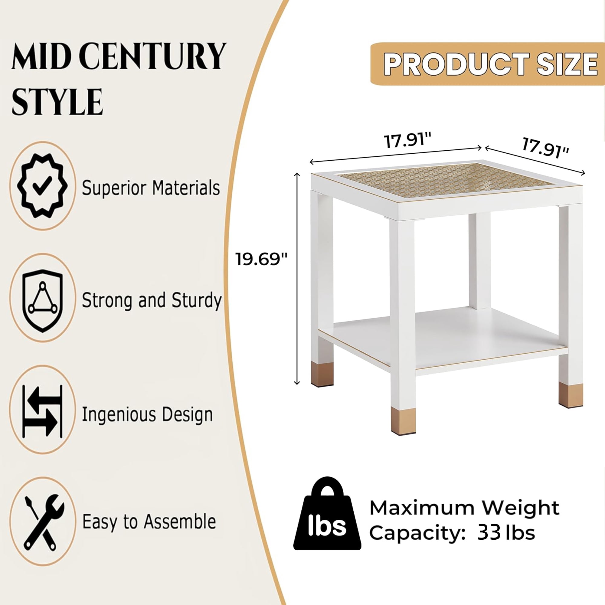 Leumius Glass End Table, Modern Style Side Table, Square Table with Tempered Glass and Metal Frame, 2-Layer Nightstand for Living Room White