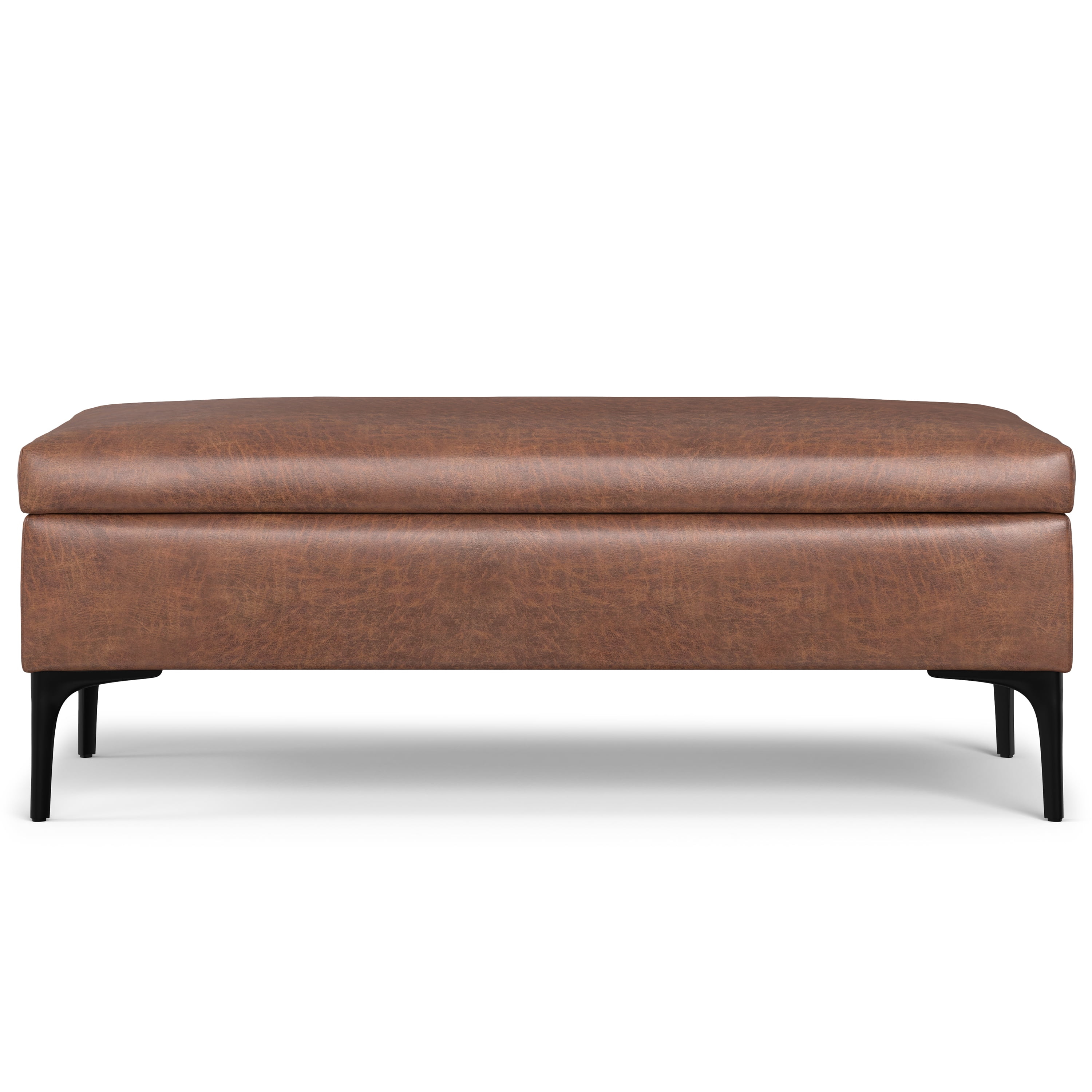 Simpli Home Rebecca 48 inch Wide Mid Century Modern Rectangle Large Coffee Table&nbsp;Storage Ottoman with Lift up Lid in Distressed Saddle Brown Faux Leather