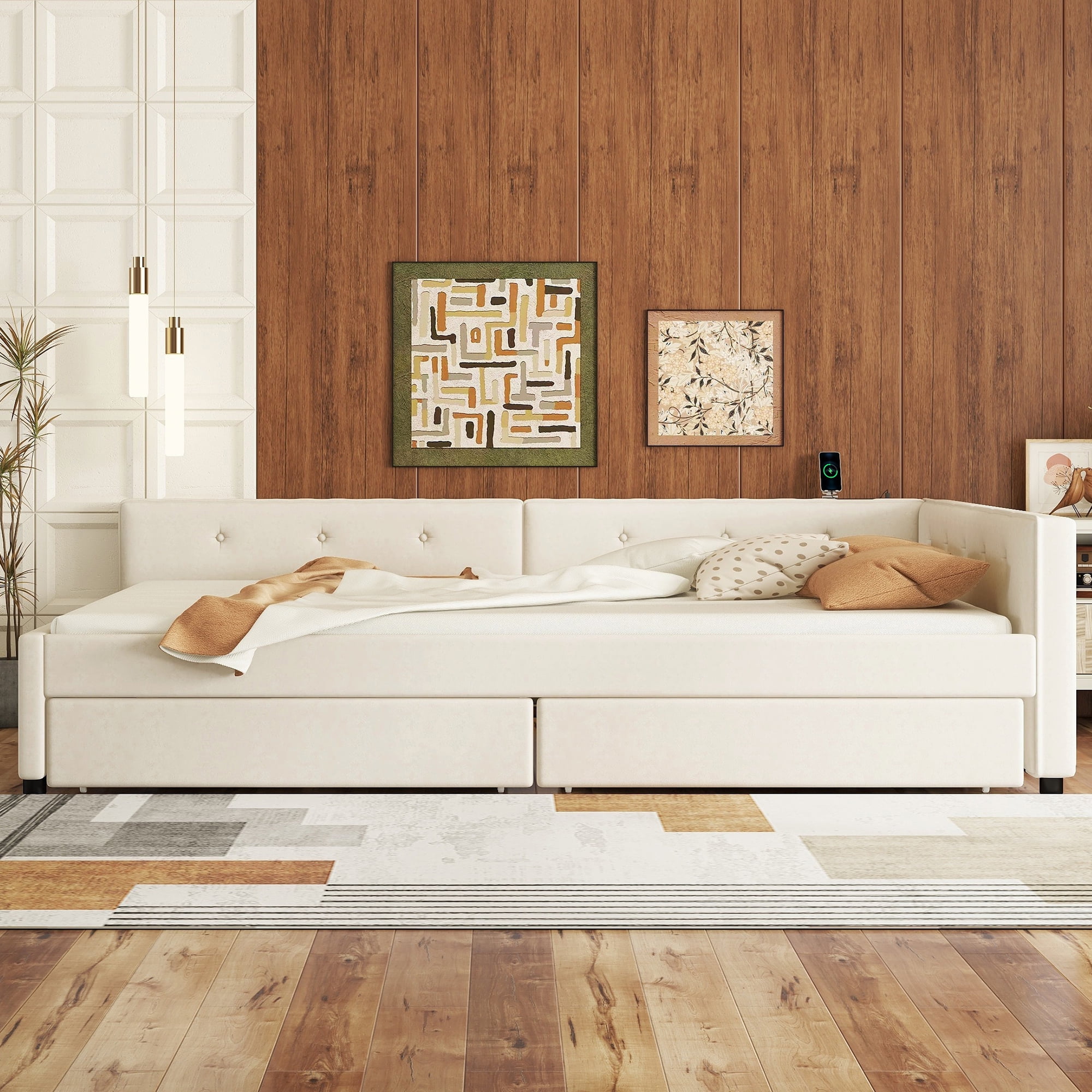 Queen Size Upholstered Platform Bed, Wood Bed Frame with Twin Size 2 Drawers and USB for Bedroom, Apartment, No Box Spring Needed, Beige