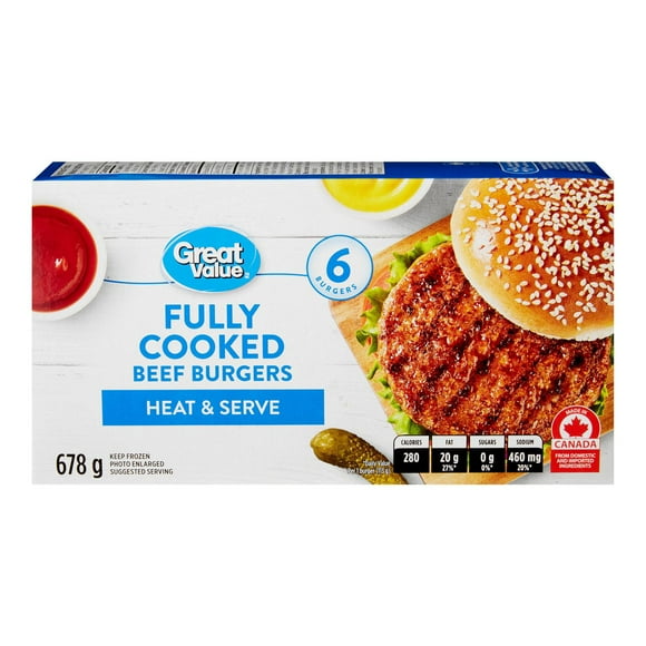 Great Value Fully Cooked Beef Burgers, 6 burgers, 678 g