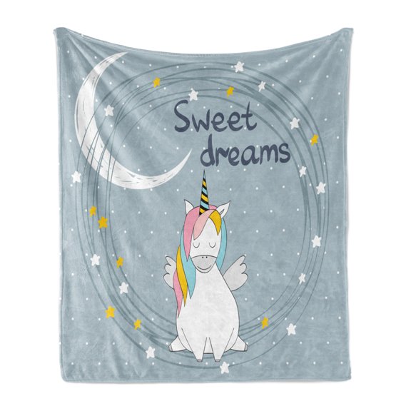 Cartoon Soft Flannel Fleece Throw Blanket, Unicorn Crescent Dreams Pattern Night Themed Nusery, Cozy Plush for Indoor and Outdoor Use, 60" x 80", Blue Grey Multicolor, by Ambesonne