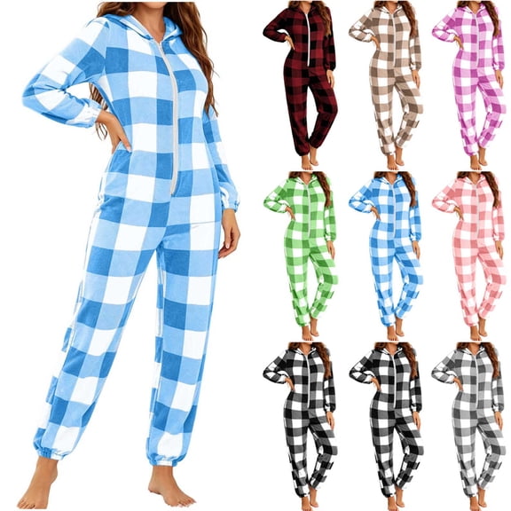 Purcolt Womens Plaid Hooded Onesie Pajamas Comfort Casual Jumpsuit Matching Family Front Zipper Winter Warm Rompe Sleepwear Soft Thermal Nightwear Pj