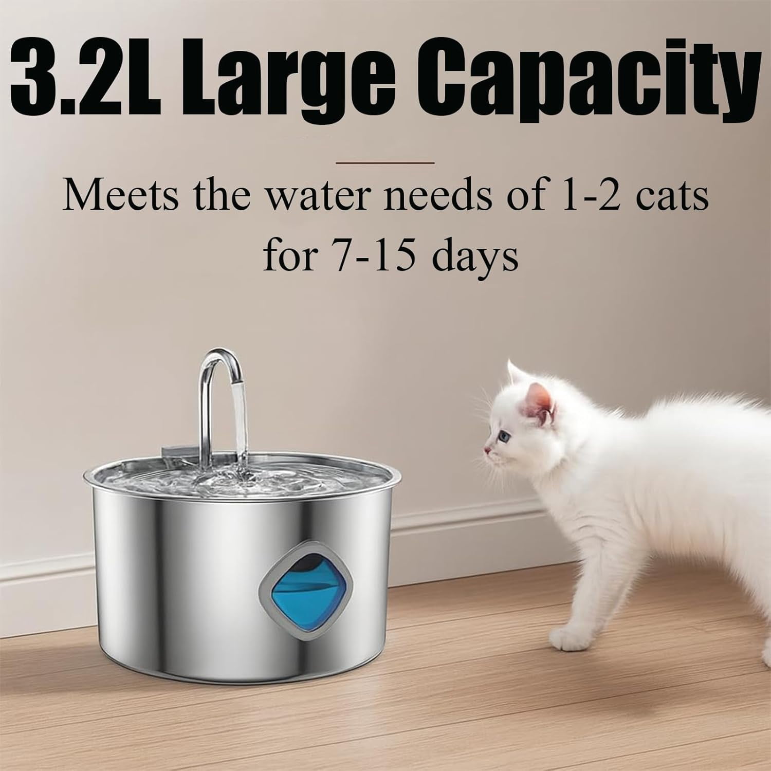 Pawira Automatic Pet Water Fountain for Cats and Dogs, 108oz/3.2L Stainless Steel Fountain with 4-Stage Filtration, Ultra-Quiet Pump, Visible Water Window & 2 Filters Included
