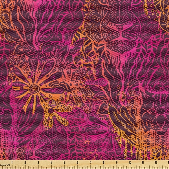 Ambesonne Psychedelic Cat Fabric by the Yard Upholstery, Jungle Lion Leaves, 10 Yards, Plum Magenta Orange