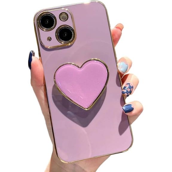 Cute Case for iPhone 15 Pro Max 6.7'', Pink Phone Case with Heart Holder Stand Kickstand Soft TPU Shockproof Protective Cover, Luxury Plating Bumper Case for Girls Women