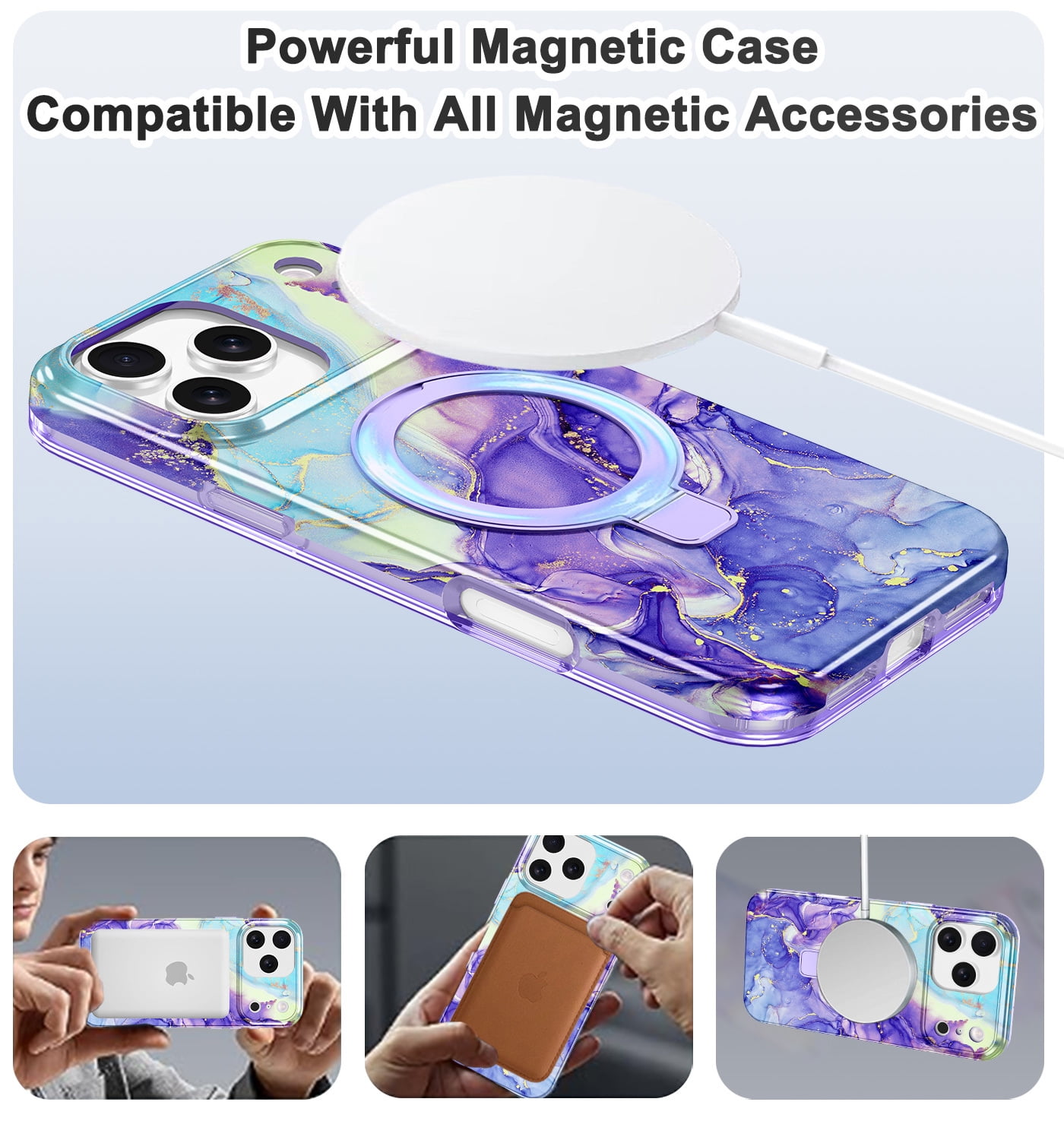 CASEFIV for iPhone 17 Pro Case with Magnetic Invisible Ring Stand [Compatible with Mag-Safe],Full Body Rugged Slim Shockproof Marble Pattern Design Casefor Women Men Girls,Violet