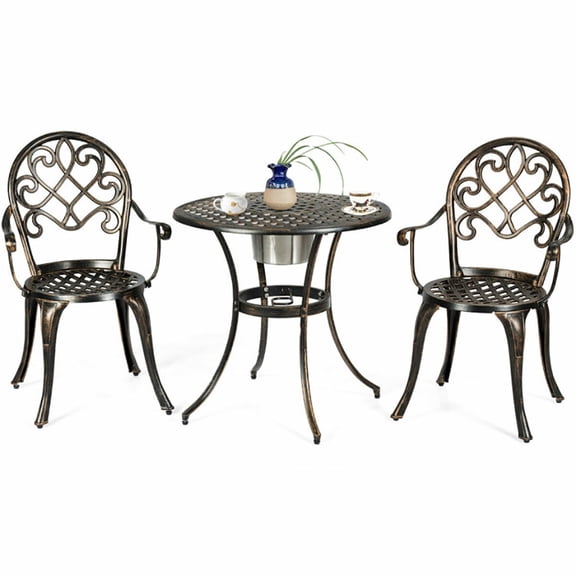 Spaco 3 Piece Outdoor Bistro Set with Attached Removable Ice Bucket, Bistro Table and Chairs Set, Weather Resistant Patio Metal Bistro Sets, Patio Table Set for Balcony Backyard