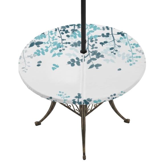 Round Outdoor Tablecloth with Umbrella Hole and Zipper, Teal Blue Leaves Tablecloth with Elastic Waterproof, Summer Botanical Patio Table Covers for 36" - 44" Picnic Pool Tables