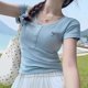 thumbnail image 2 of Women's Casual Short Sleeve Button Tee Bows Embroidered Accent Slim Fit T-Shirt Solid Color Ribbed Crop Top Bouse White L, 2 of 4