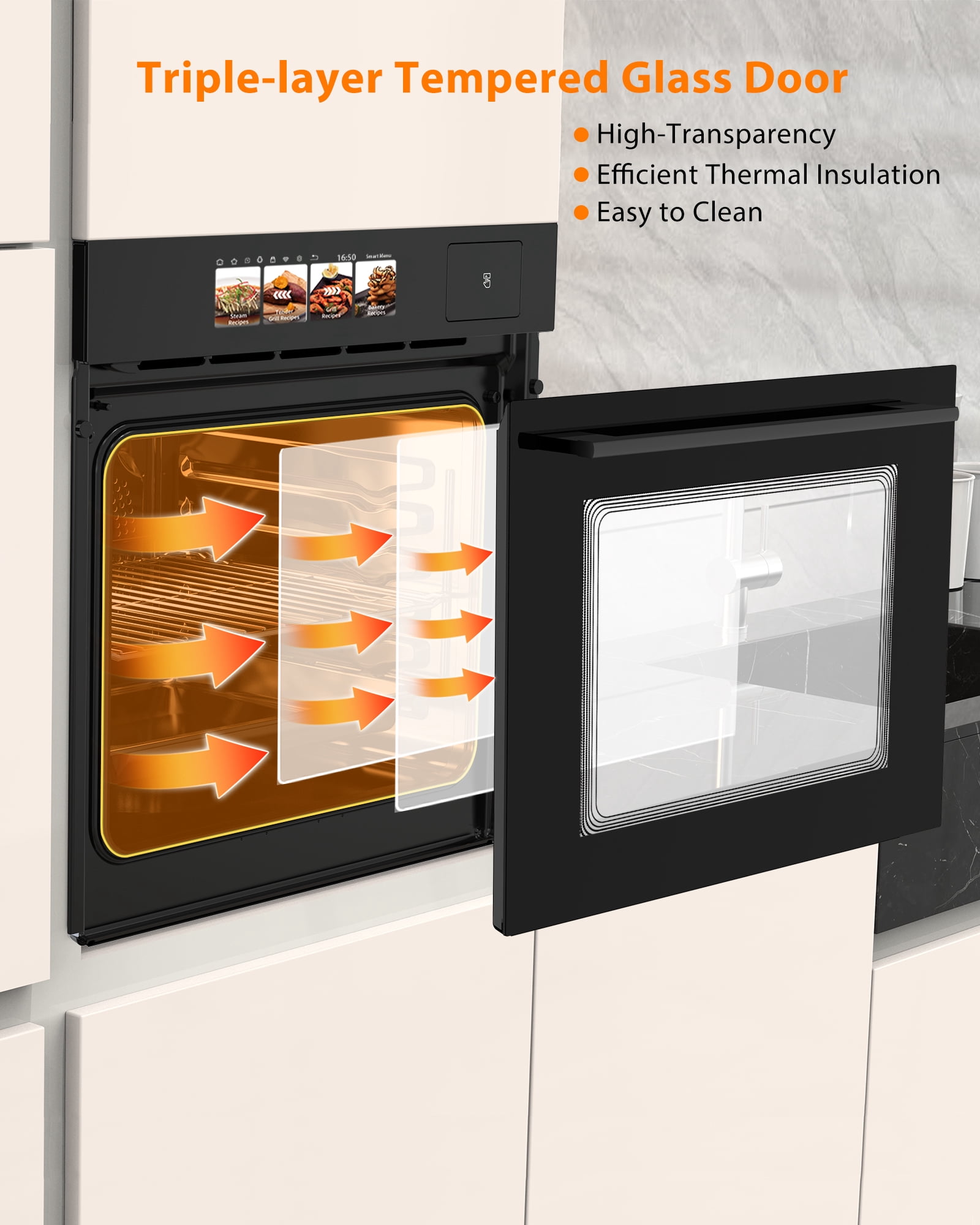 24'' Single Wall Oven, 2.5 Cu.Ft/70 L Electric Wall Oven with 4 Cooking Modes, Smart Recipes, Built-In Touch Control Large Capacity Wall Oven for Kitchen, 3000W, 240V, Black