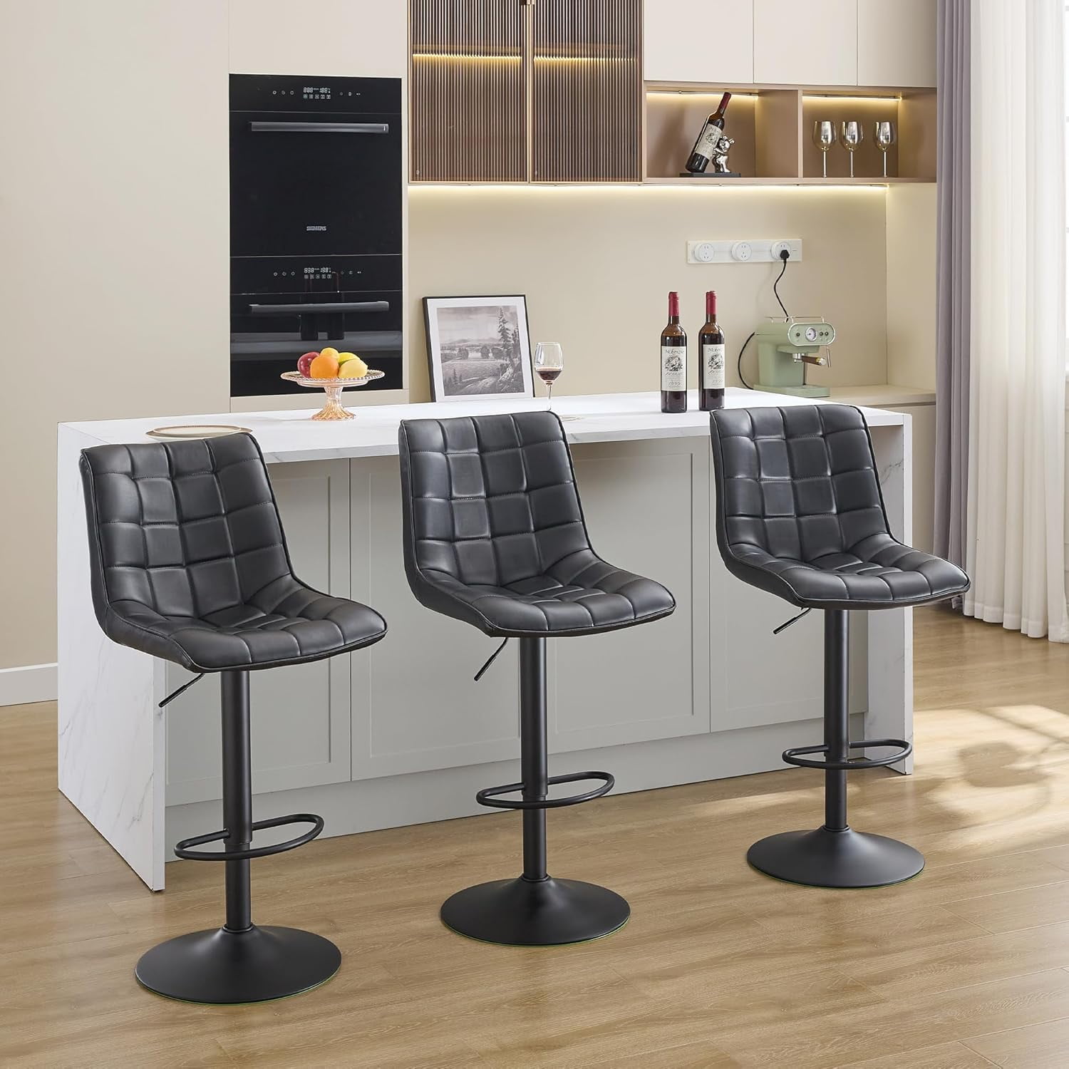 FIRAVOE Bar Stools Set of 3 (High Back)(24"-33" Adjustable) Counter Height Bar Stools, Modern Swivel Barstools Bar Chairs for Kitchen Island, Black