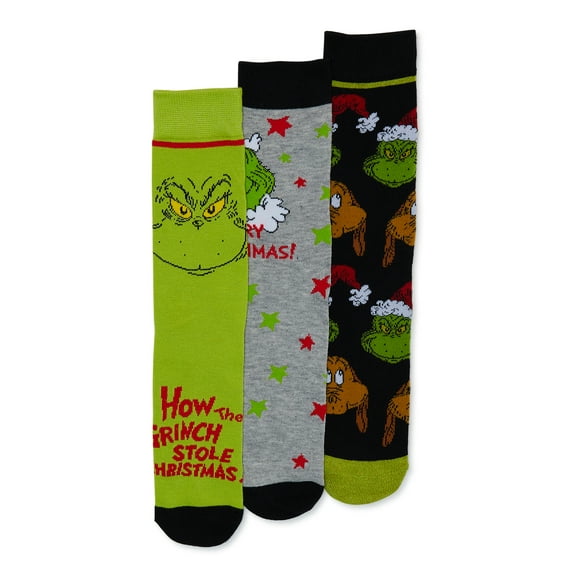 The Grinch Men's 3-Pack of Crew Socks with Novelty Gift Box, Sizes 8-12